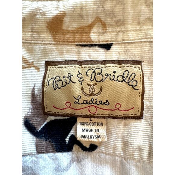 Vtg Bit & Bridle Ladies L Corduroy Shirt Horse Print Button-Up Western Ranch - Picture 3 of 9